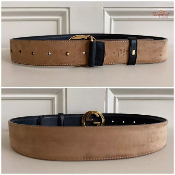 Authentic Gucci Black Calfskin Leather Gold Interlocking G Buckle Belt 80/32 - Picture 6 of 13